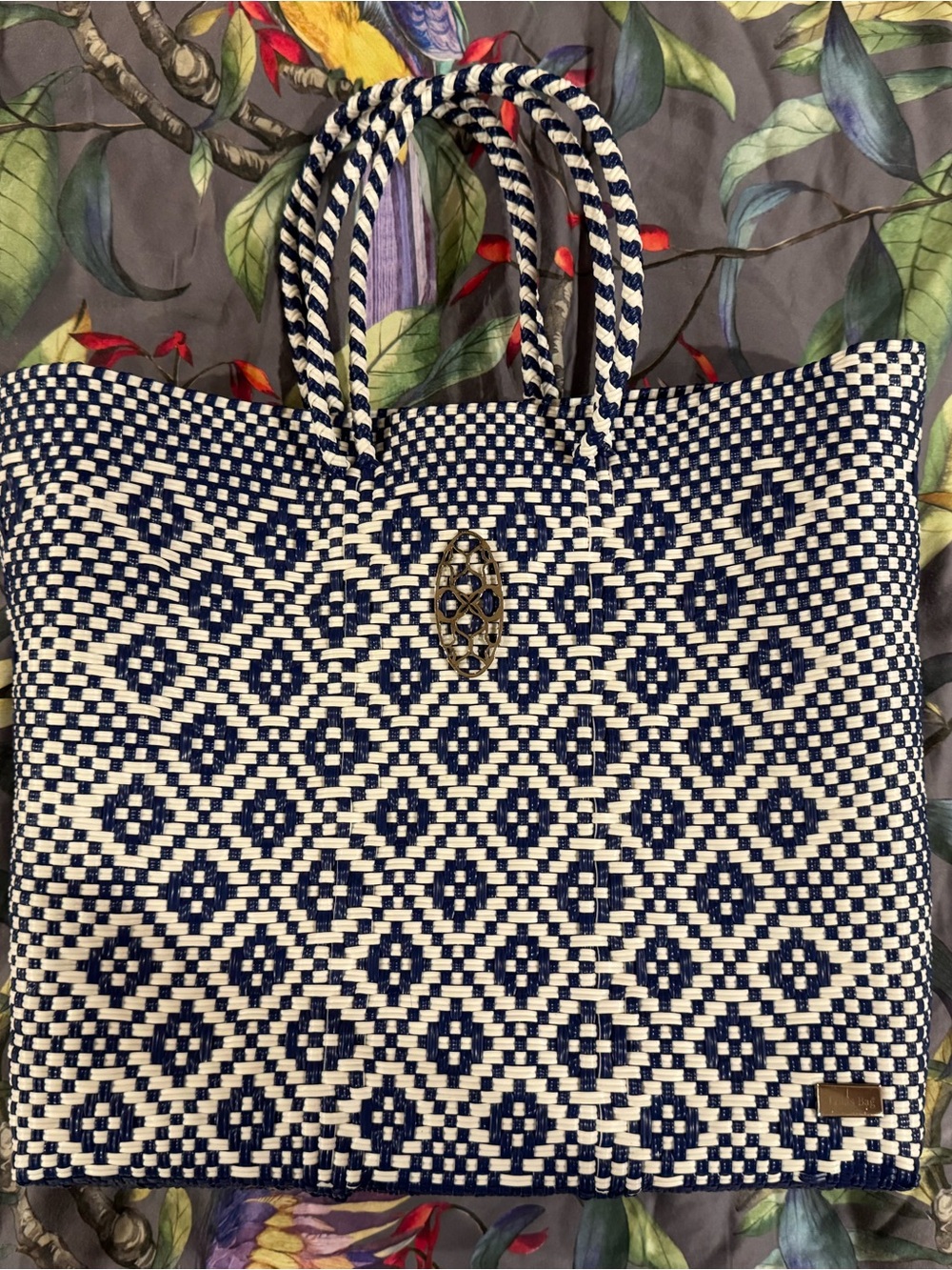 Woven Navy and White Geometric Tote Bag with Top Handles